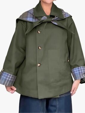 NWT Women's Short Trench Coats Fall Notch Collar Plaid Reversible Oversized